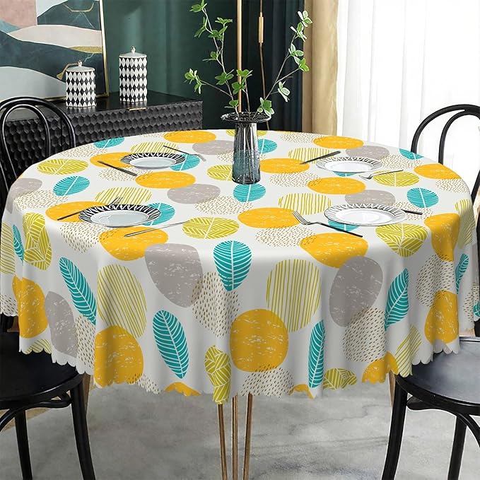 Laeacco 36 Inch Geometric Round Tablecloth Colorful Abstract Oval Leaf Pattern Modern Art Print Table Cloth Washable Waterproof Wrinkle Free Table Cover for Kitchen Dining Picnic Party Decoration