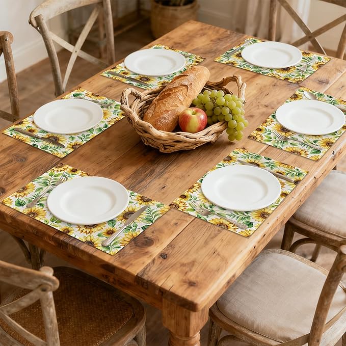 Watercolor Sunflower Placemats Set of 6, 12x18 Inch Waterproof Non-Slip Washable Seasonal Spring Table Mats for Kitchen Dining Party Table Decor