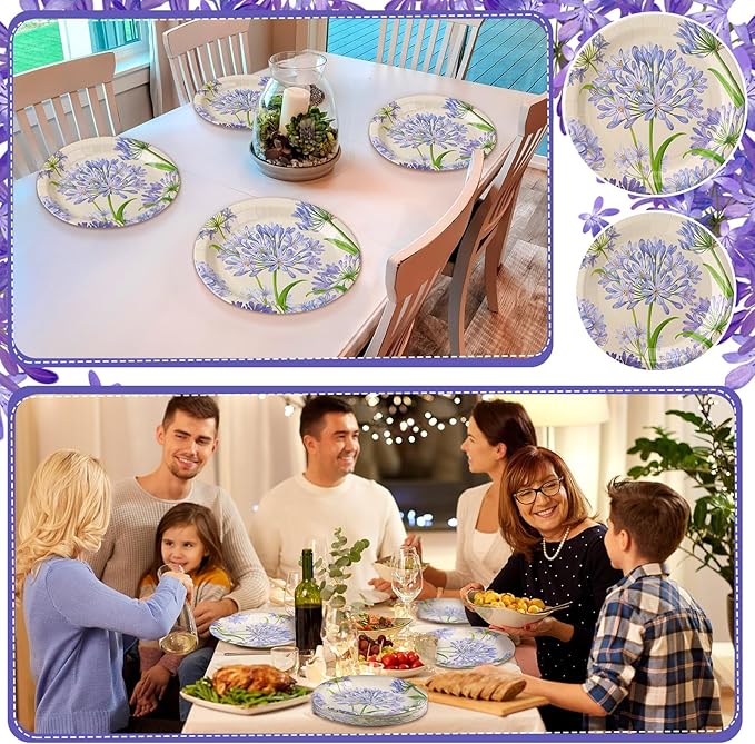 48 Pcs Agapanthus Garden Paper Plates Set Include 9" 7" Spring Watercolor Disposable Plates Summer Decorative Dinner Flower Birthday Party Tableware for Baby Shower Party Supplies