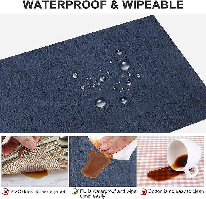 Leather Heat Resistant Placemats Set of 6 Waterproof Wipeable Washable PU Table Mats,Easy to Clean Anti-Slip Place Mats (Navy Blue, 6)