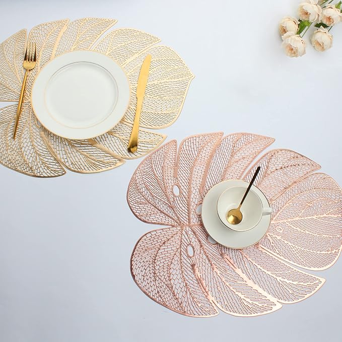 Evevda Rose Gold Leaf Shaped Vinyl Placemats for Dinner Table Set of 6 Metallic Plastic Place Mats Wipeable 6Pcs Table Mats for Wedding Annersary Dinner Table Decoration Mats(17.7x13.8inch/45x35cm)