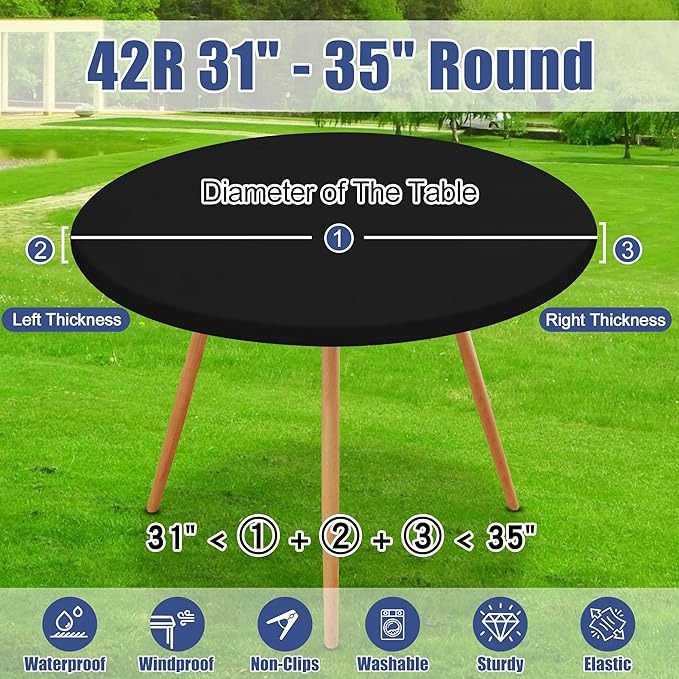 Round Spandex Tablecloth 2 Pack, Elastic Fitted Waterproof Tablecloths for 31"-35" Tables, Stretch Washable Picnic Table Cover for Camping, Dining, Indoor and Outdoor, Black