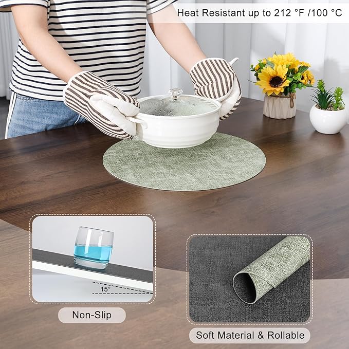 Myir JUN Round Placemats Dual Sided, Faux Leather Place Mats Set of 6 Indoor Placemat for Dining Table Outdoor Place mat Non-Slip Washable Table Mats (Gray Grass Green, Set of 6)