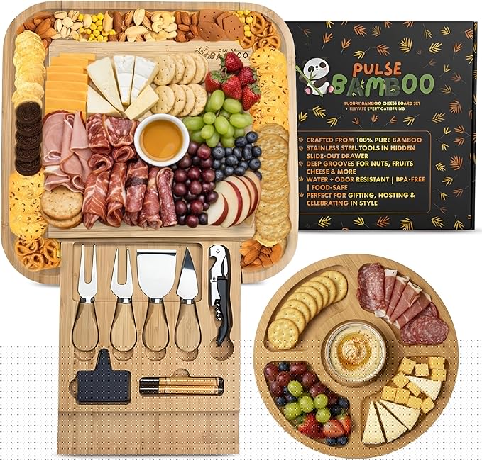 Charcuterie Board Set – Includes Slide-Out Drawer, Complete Hosting Kit with Stainless Utensils, Wine Opener, Slate Labels & Snack Tray – Ideal Gift for Housewarming & Wedding – 13pcs Set
