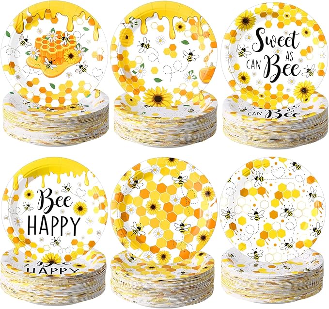60 Pcs 7 Inch Honey Bee Paper Plates Bee Happy Shower Tableware Gender Reveal Party Dinnerware Honey Theme Day Birthday Party Tableware Decorations Favors