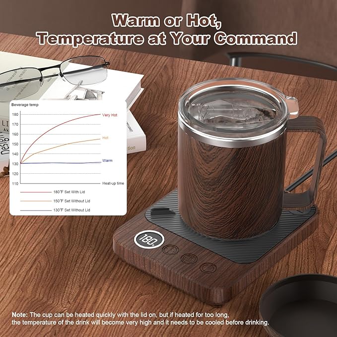 Coffee Mug Warmer & Mug Set for Desk, Smart Coffee Cup Warmer with 16oz Heated Mug, Coffee Heater with Auto Shut Off for Office/Home, Birthday/Valentine's Day/Coffee Gifts for Men & Women, Wood