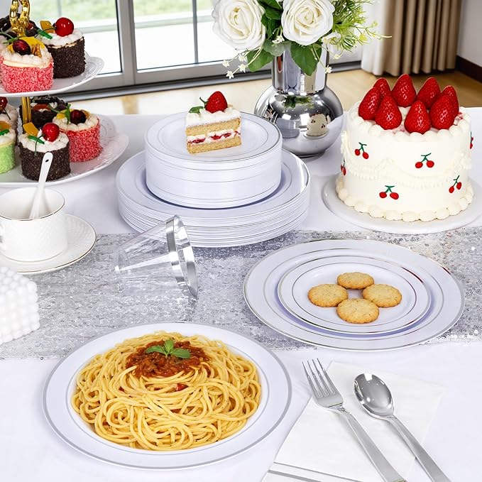 GATHER 350PCS Silver Plastic Plates - White and Silver Disposable Plates for 50 Guests Includes 100 Plate, 50 Napkins, 150 Silvery Cutlery and 50 Cups for Party & Wedding