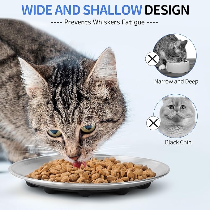 304 Stainless Steel Cat Plates for Wet food, 6.7" Shallow/Wide Whisker Friendly Cats Food Bowls, Non-Slip Silicone Base,Easy to Clean Indoor Cat Feeding Dishes, 6 Pack