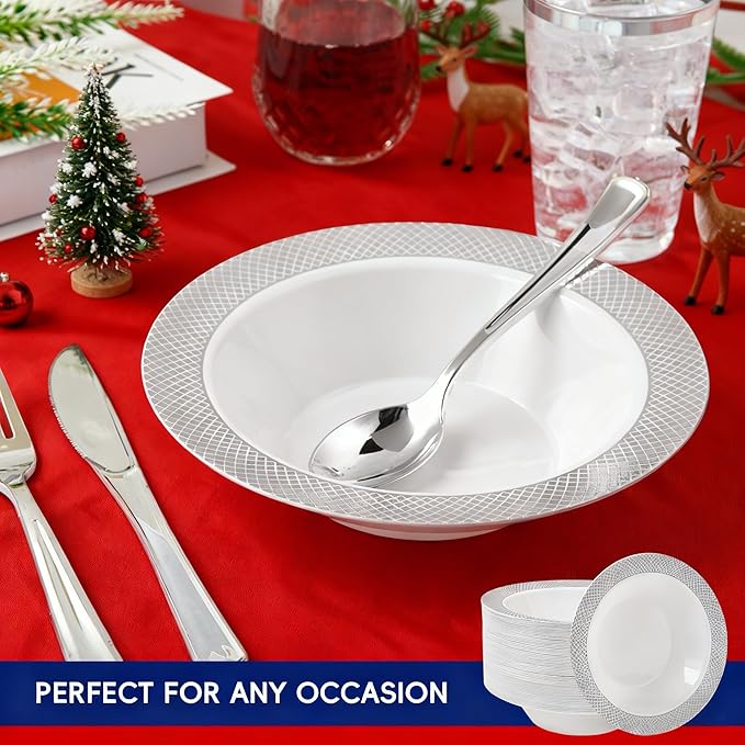 JOLLY CHEF 100 Pack Plastic Bowls with Silver Rim, 12 oz Disposable Soup Bowls, Heavy Duty Dessert Bowls for Weddings, Party, Dinners, Catering, Christmas and Everyday Use