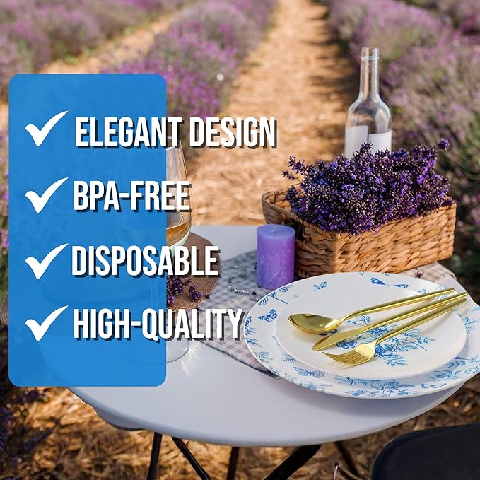 Trendables Fancy Plastic Dinnerware Sets 200 Pc Set 40 Guests Gold Silverware Disposable 40 X 10 Inch Charger Plates 40 X 8 Inch Dessert Plates 40 x Gold Plastic Forks and Spoons Knives In Botanical