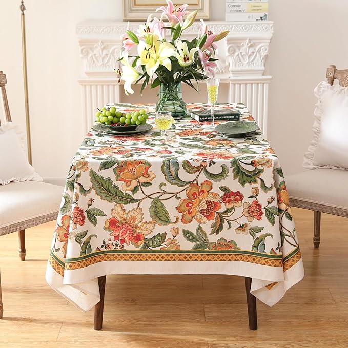 patdrea Designer Vintage Linen Rectangular Tablecloth,Provencal Rustic Floral Pattern Tablecloths,Decorative Table Cover Cloth for Kitchen,Dining,Tea Party,Home,Christmas,63"*94"