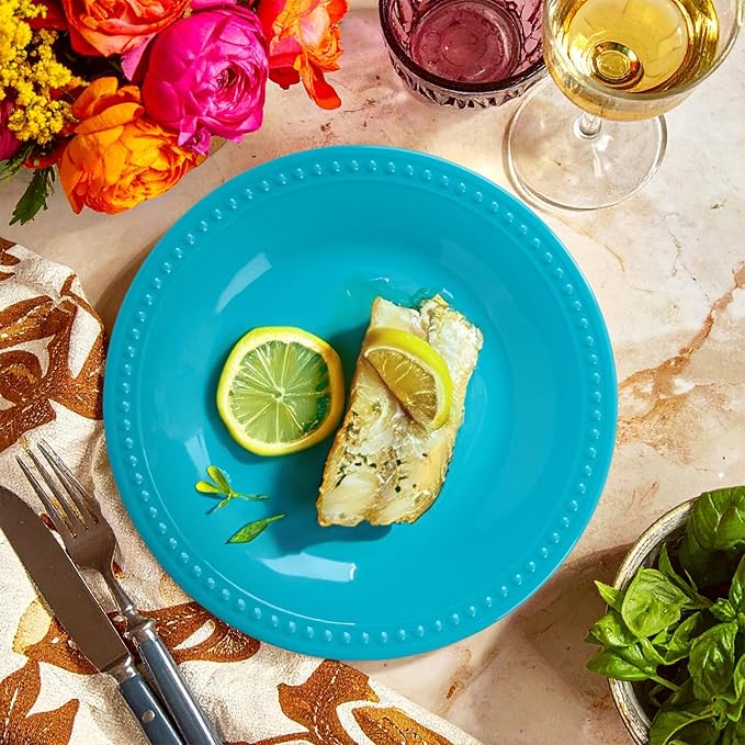 Melamine Beaded Appetizer/Salad/Dessert/Side Plates, Aqua, Set of 6, 8.5 inch, Platter, Serving Dishes, Kid-Friendly, Chip and Break-Resistant, Durable, for Indoor and Outdoor, Dishwasher Safe