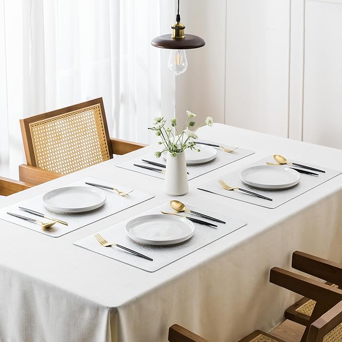 Jovono Faux Leather Placemats Set of 4, Waterproof Washable Table Mats, Easy-Clean Heat Resistant Kitchen Vinyl Place Mat for Dining Table, Wedding, Holidays, Indoor, 17.8"x11.8", Silver