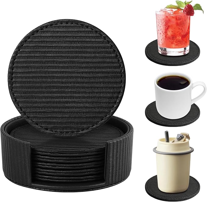 6 Pcs Premium Leather Coasters with Holder, Tabletop Protection, Coffee Table & Bar Decoration, Modern-Style Drink Coasters Suitable for Home Dining Tables & Kitchen Accessories (Black Stripe)