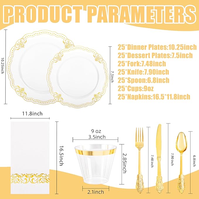 Ciaell 175 PCS White and Gold Plastic Plates - Fancy Gold Disposable Dinnerware Set with of 50 Plastic Plates, 25 Knives, 25 Forks, 25 Spoons, 25 Cups, 25 Napkins for Wedding, Party