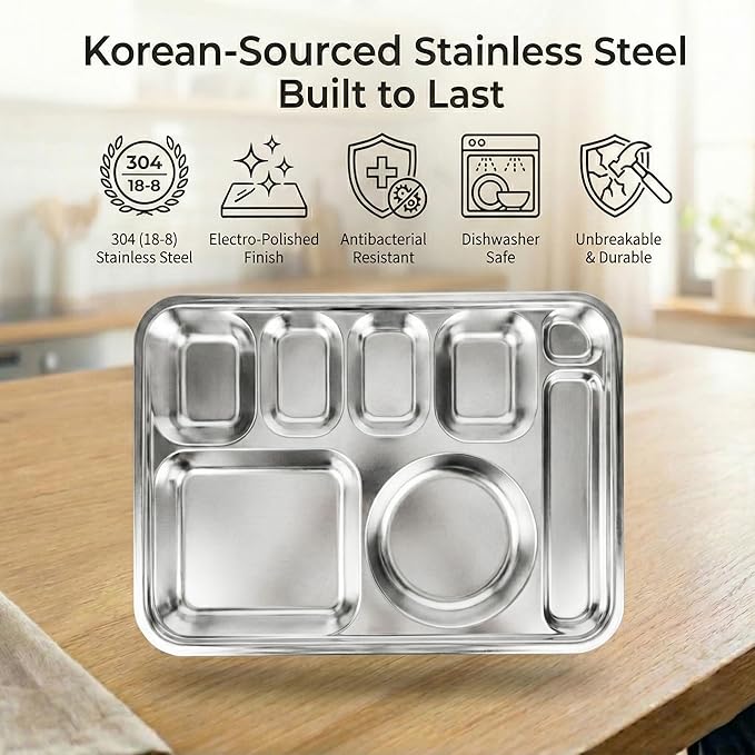 Korean Stainless Steel Divided Plates with Cutlery Slot for Adults, Premium 304, Electro-Polished, No Black Residue, BPA-Free, XL 8-Compartment Food Tray, Camping, Set of 2