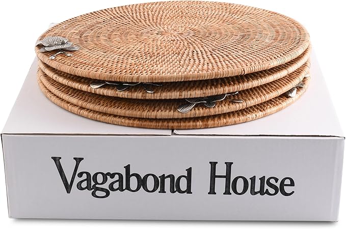 Vagabond House Round Wicker Placemats with Pewter Orchid Accent, Set of 4, 15.5 Inches Diameter - Hand-Woven Rattan, Elegant and Durable, Perfect for Enhancing Table Decor and Protection