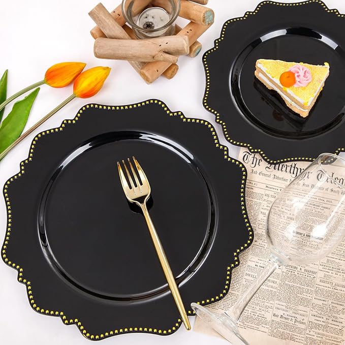 COLOSUS 60pcs Disposable Plastic Plates Set, Gold Black Party Plates, 30pcs Dinner Plates and 30pcs Salad/Dessert Plates for Wedding, Party, Anniversary, Daily Use，New Year
