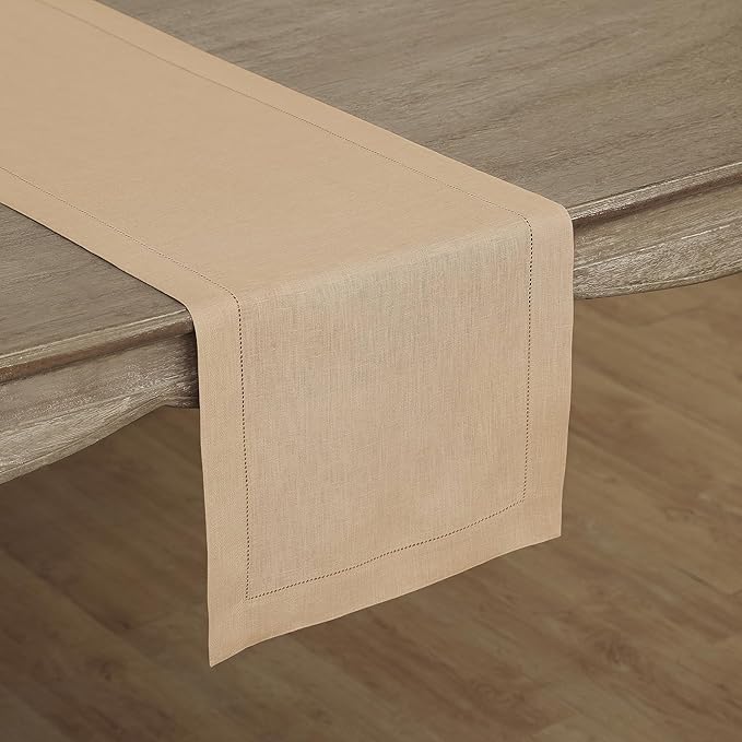 Solino Home Linen Table Runner 36 Inches - 100% Pure Linen Beige Hemstitch Table Runner 14 x 36 Inch Ideal for Dresser and Coffee Tables - Spring, Easter - Classic Hemstitch