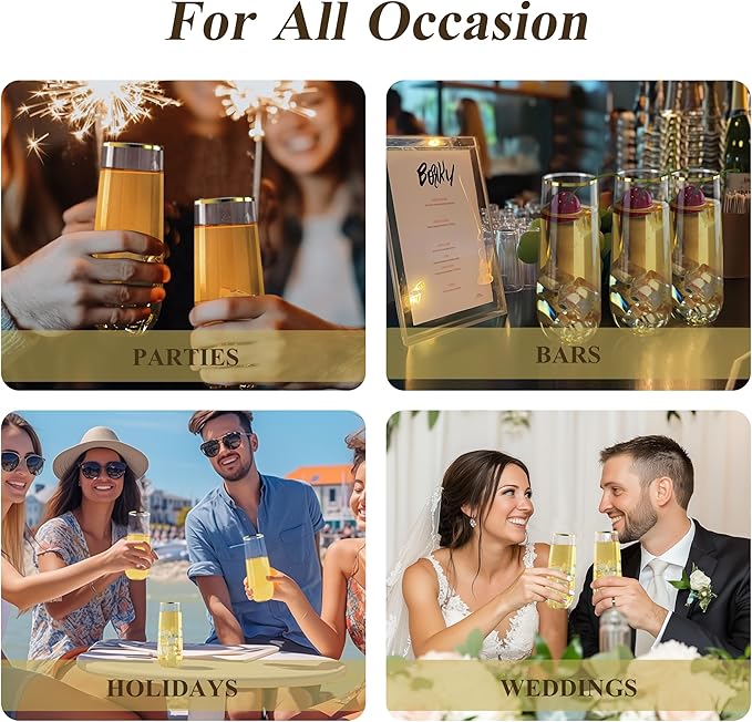 24 Pack 9 oz Stemless Plastic Champagne Flutes, Clear Disposable Champagne Glasses Gold Rim, Shatterproof and BPA-Free Drinkware for Party & Graduation & Wedding
