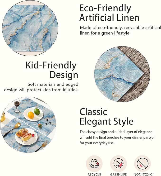 Marble Placemats Set of 6,Blue Gold Elegant Marbling Place Mats Heat Resistant Washable Non-Slip Table Mats for Party Kitchen Dining Decor 12x18 Inch