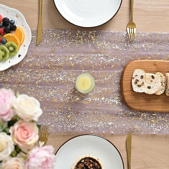 Artoid Mode Grayish Purple Gold Gauze Table Runner 120 Inch 10FT, Glitter Metallic Foil Sheer Dining Wedding Anniversary Holiday Birthday Table Decor for Home Party