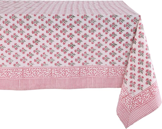 ATOSII Gulbahar White Pink 100% Cotton Fall Rectangle Tablecloth, Handblock Print Floral Table Cloth for Kitchen Dining Linen I Thanksgiving Christmas Weddings Outdoors I 72 X 108 Inches I 8 Seater