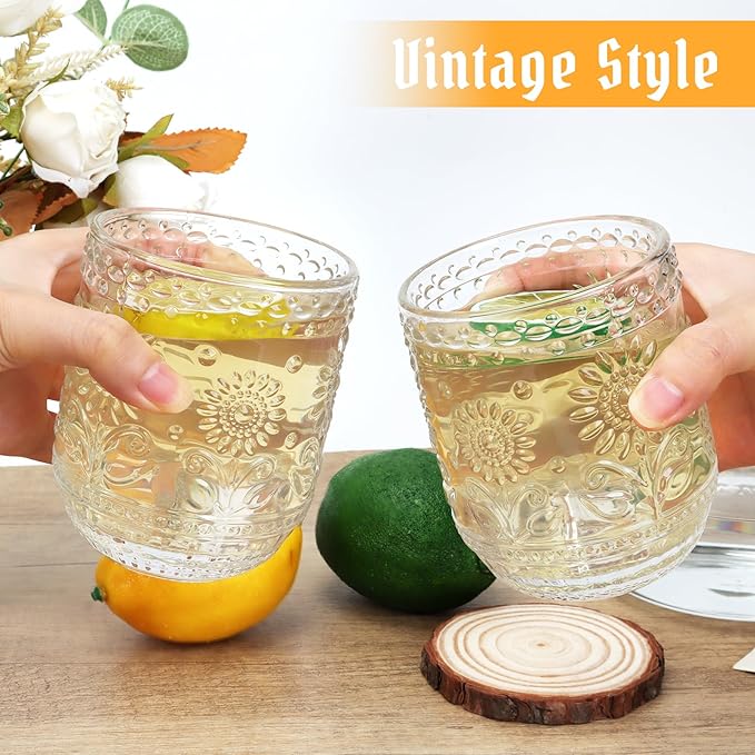 Topsky Vintage Drinking Glass Set of 4,12 oz Embossed Floral Drinkware Set,Colorful Drinking Glasses Cups Wine Glasses Colored Glassware for Whisky,Beer,Juice,Cocktail,Heavy Duty-Clear