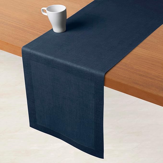D'Moksha Homes Linen Navy Blue Table Runner 84 Inches Long - 100% Pure Linen 14 x 84 Inch Table Runner for Dining, Easter - Machine Washable
