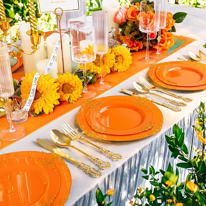 102PCS Orange Plastic Plates - Orange and Gold Disposable Plates - Party Plate with Gold Rim - Vintage Disposable Plate Serving for 51Guests for Party & Wedding