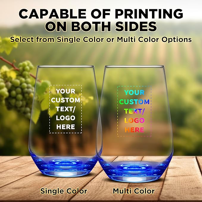 DISCOUNT PROMOS 10 Vaso Silicia Stemless Wine Glasses Set, 16 oz. - Personalized Text, Logo - Clear, Orb-Like, Thick base - Blue