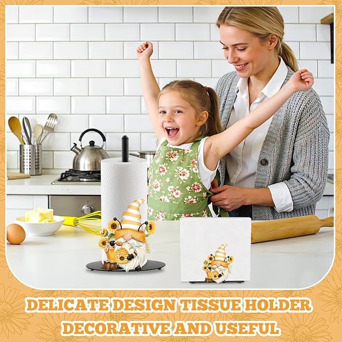 Sunflower Gnome Paper Towel Holder, Gnome Honey Bees Countertop Kitchen Decor Indoor with Round Base, Gnomes Lover Gifts, Iron Gnomes Napkin Holder Stand Accessories for Bathroom Kitchen Dining, 2 PCS