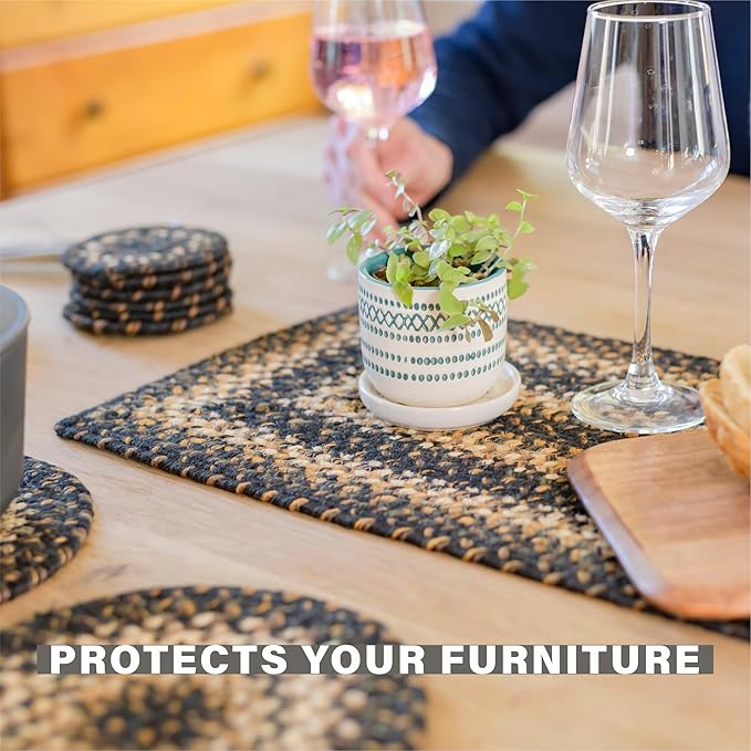 Homespice Kilimanjaro Jute Braided Rope Coasters 4", Warm Primitive Decor, Set of 6, Black and Tan - Durable, Absorbs Moisture, Easy to Clean and Protects Furniture