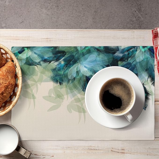 Teal Peacock Feathers Placemats Set of 4 Beautiful Blue Turquoise Floral Linen Washable Place Mats Kitchen Dining Green Leaf Heat-Resistant Desktop Decor Table Mats 12x18 Inch
