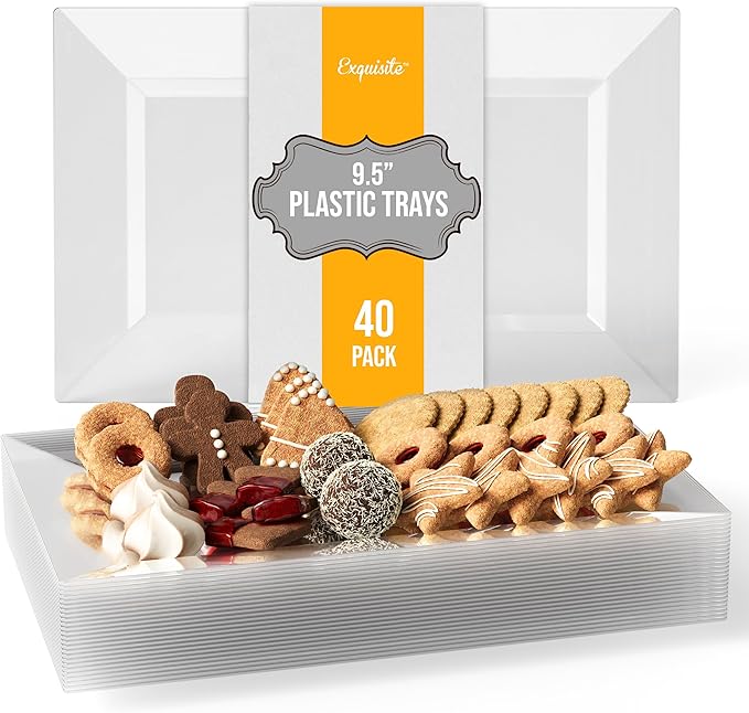 Exquisite Plastic Serving Trays For Party - 40 Pcs 9.5 Inch Clear Serving Platters, Plastic Trays For Food, Clear Tray, Food Tray Disposable Platters For Parties, Catering & Buffet