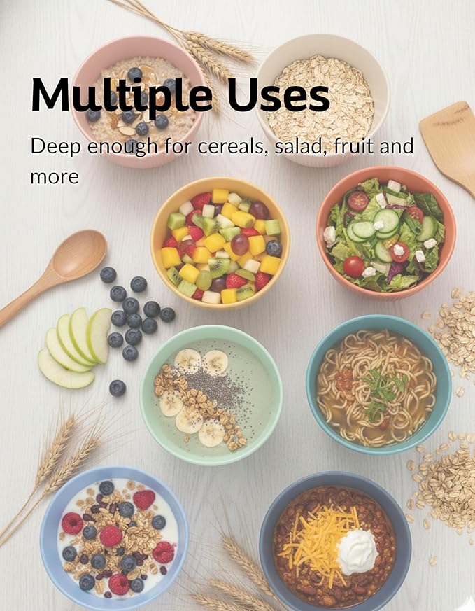 Boxiki Kitchen Wheat Straw Bowl Set – 8-Piece | Unbreakable Lightweight Cereal, Salad & Soup Bowls | Eco-Friendly BPA-Free Dinnerware | Microwave & Dishwasher Safe, Stackable