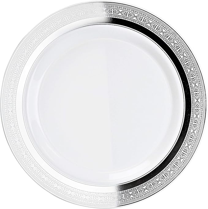 OCCASIONS 120 Plates Pack,(60 Guests) Heavyweight Premium Wedding Party Disposable Plastic Plates Set -60 x 10.5'' Dinner + 60 x 7.5'' Salad/Dessert (Palace White & Silver)