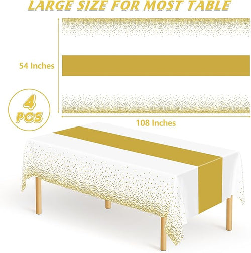 4Pack Disposable Plastic Table Cloths for Parties, 54" x 108" White and Gold Rectangle Table Covers, Waterproof Tablecloth for Rectangle Tables Suitable for New Years Eve Thanksgiving Wedding Supplies