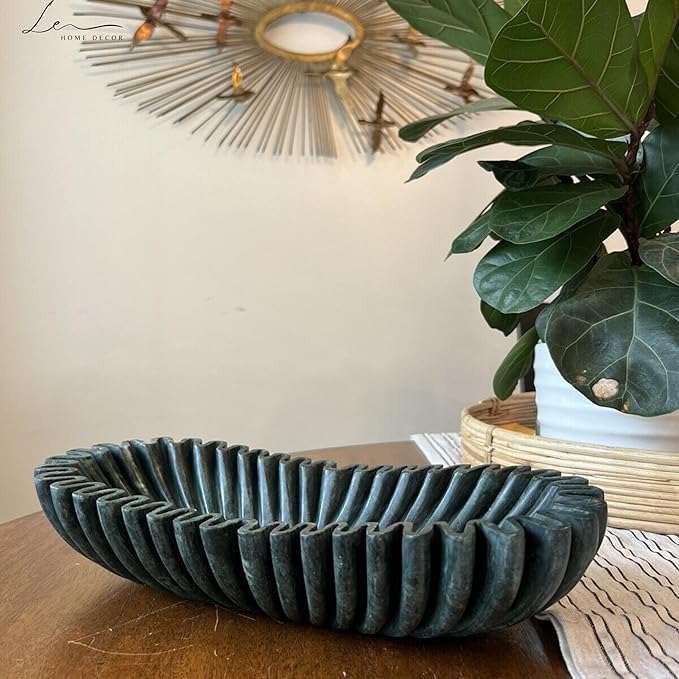 Handmade Oval Fluted Marble Bowl, Table Centerpiece Decorative Marble Bowl, Green Large Ruffle Bowls for Table Centerpiece