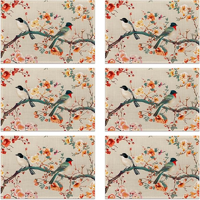 Vintage Bird Painting Placemats Set of 6, Linen Washable for Christmas, Thanksgiving, Party, and Daily Dining, Decorative Table Mats for 4-6 Person Table