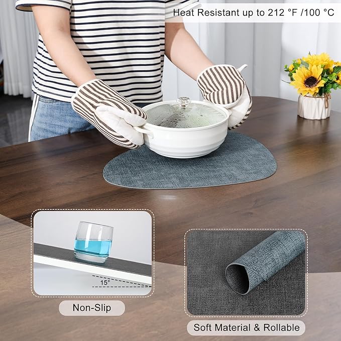 Placemats and Coasters, Washable Reversible Placemats Round Faux Leather Wipeable Place Mats Non Slip Heat Resistant Indoor Outdoor Table Mats (Set of 4, Gray Light Blue)