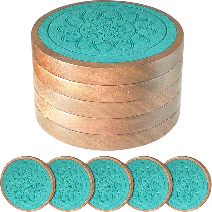 Wood Coasters for Drinks, Minacun Absorbent Coaster Sets of 5, Drinks Coasters for Coffee Tabletop Protection, Non-Slip, Non-Stick, Suitable for Kinds of Cups Wooden Table Drink, 4.3 Inches Lake Blue