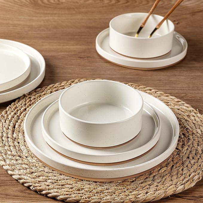 AmorArc Ceramic Dinnerware Set for 8 | Speckled Stoneware Plates and Bowls with Rustic Terracotta Underside| Scratch Resistant,Dishwasher & Microwave Safe Dishes Sets- 24pcs