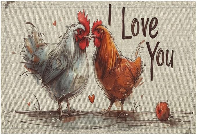 Rural Rooster Placemat Set, Vintage Farmhouse Funny Colorful Hand Drawn Watercolor Line Sketch Chicken Pattern Home Decor Linen Table Mats for Dining Room Kitchen Party (17x12in) x6P