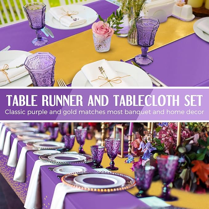 Breling 8 Pack Purple and Gold Disposable Plastic Tablecloths and Satin Table Runner Set, 54 x 108 Inch Tablecloth, 12 x 108 Inch Table Runners for Wedding Graduation Birthday Baby Shower New Year