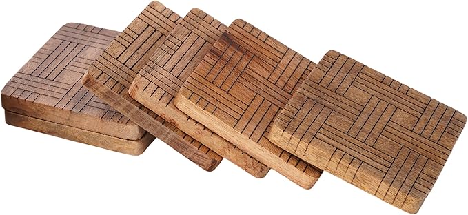 Set of 6 Wood Coasters - Natural Mango Wooden Coasters for Drinks, Beverages, Wine Glasses & Bar Glasses - Rustic & Durable Drink Coasters - Coaster Set for Home, Kitchen, Dining, Bar Decor