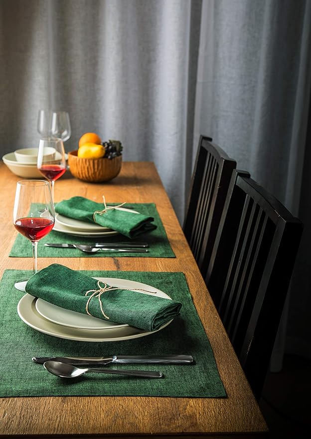 Solino Home Linen Placemats Set of 4 - Forest Green Placemats 14 x 19 Inch - 100% Pure Linen Table Mats for Winter, Easter, St Patricks Day - Athena
