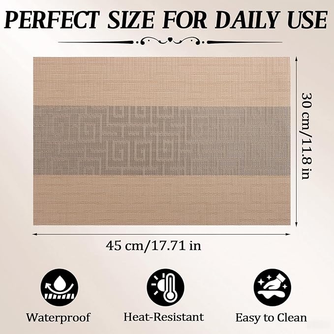 Timeet Placemats Set of 4, Heat Resistant Non-Slip Place Mats for Dining Table, Durable Washable PVC Vinyl Woven Table Mats, Resistant Kitchen Placemats Easy to Clean(Beige & Gray