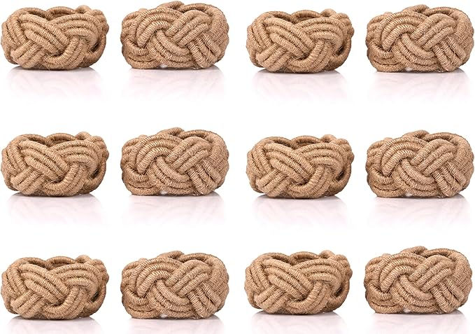 CLEENTABLE Farmhouse Napkin Rings Set of 12 - Nautical Woven Round Coastal Jute & Cotton Tabletop Decor for Weddings, Parties, Everyday Dining, Gifting - Easy to Clean (Brown)