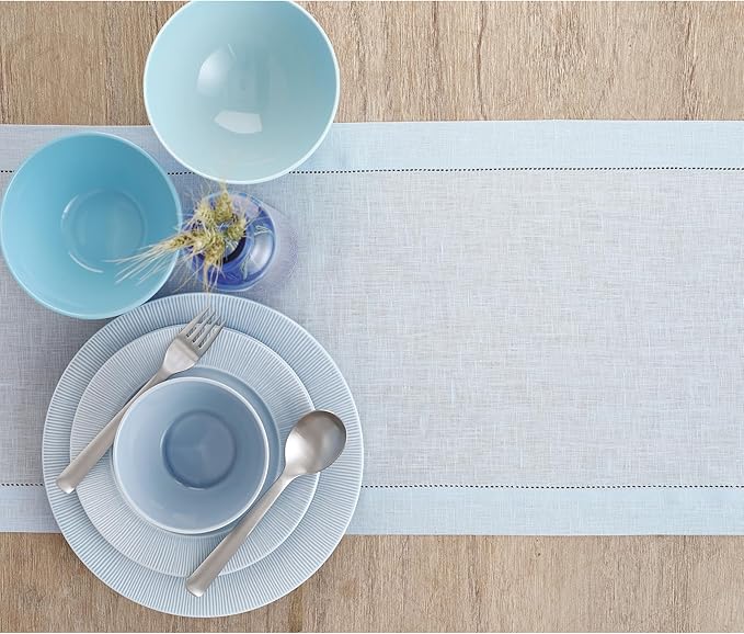 Solino Home Linen Light Blue Table Runner 90 Inches Long - 100% Pure Linen Hemstitch 14 x 90 Inch Table Runner for Dining, Winter, Spring, Easter - Classic Hemstitch